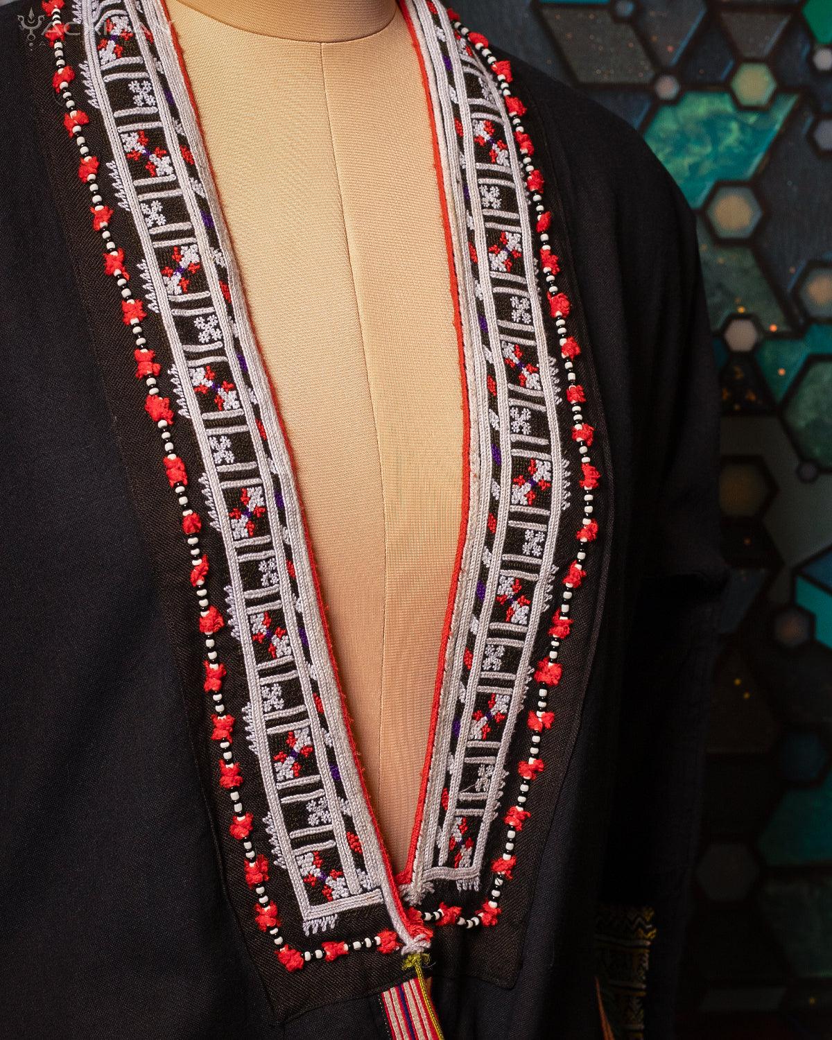 Kimono Long / Black Tribal Embroidery Unique Piece -CHANG MAI - Yacxilan Artwear
